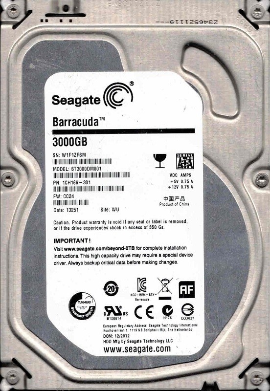 ST3000DM001 P/N: 1CH166-301 F/W: CC24 WU W1F 12/2012 Seagate 3TB