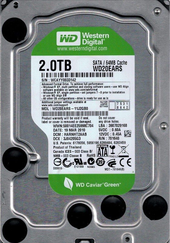 WD20EARS-11J2GB0 DCM: HARNHT2AAB WCAYY Western Digital 2TB