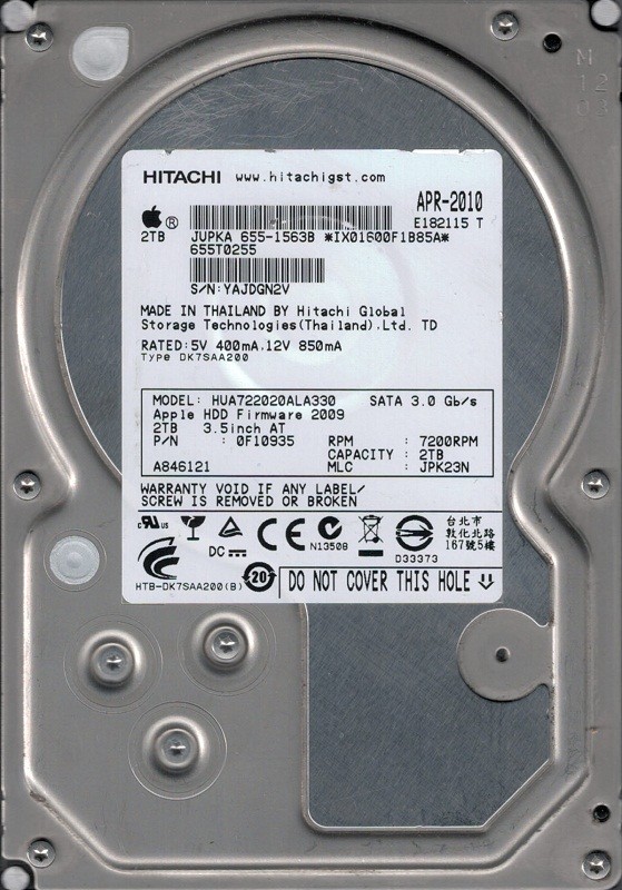 Hitachi HUA722020ALA330 MAC 655-1563B P/N: 0F10935 2TB MLC: JPK23N