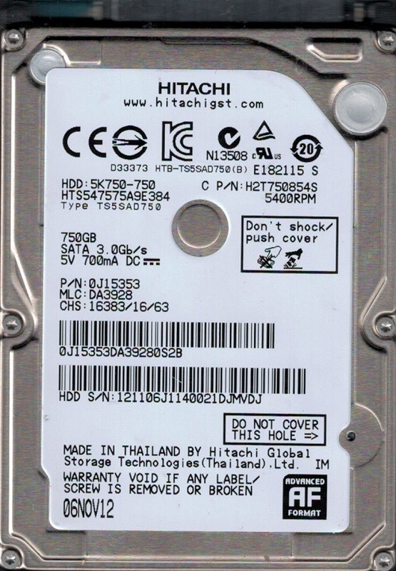 Hitachi HTS547575A9E384 P/N: 0J15353 MLC: DA3928 750GB