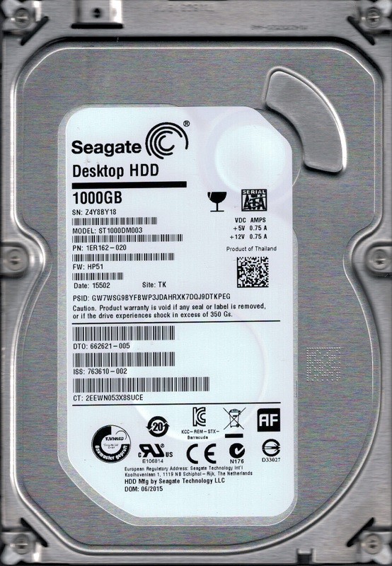 ST1000DM003 P/N: 1ER162-020 F/W: HP51 TK Z4Y Seagate 1TB