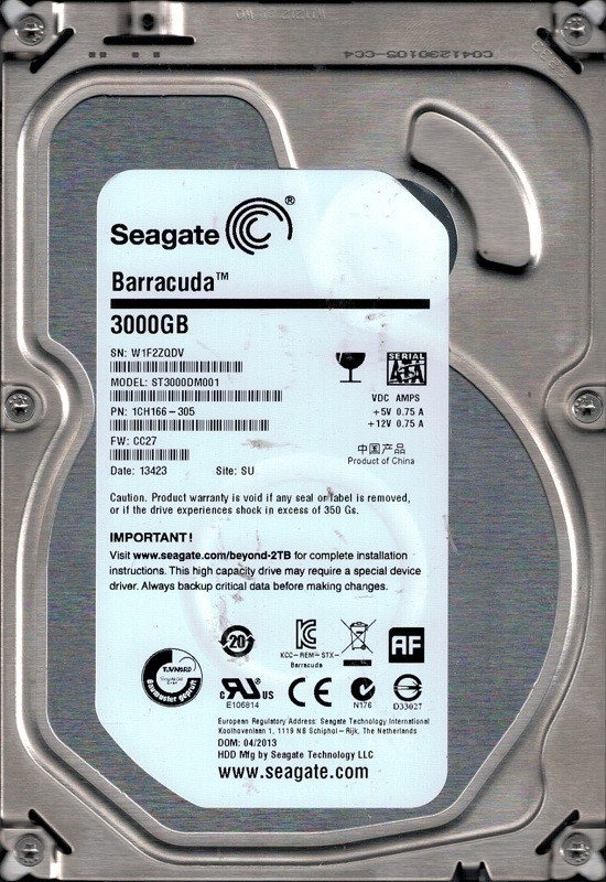 Seagate ST3000DM001 P/N: 1CH166-305 F/W: CC27 SU W1F 3TB