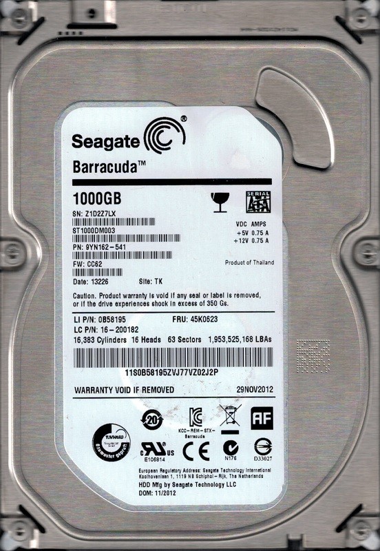 ST1000DM003 F/W: CC62 P/N: 9YN162-541 TK Z1D2 NOV 2012 Seagate 1TB