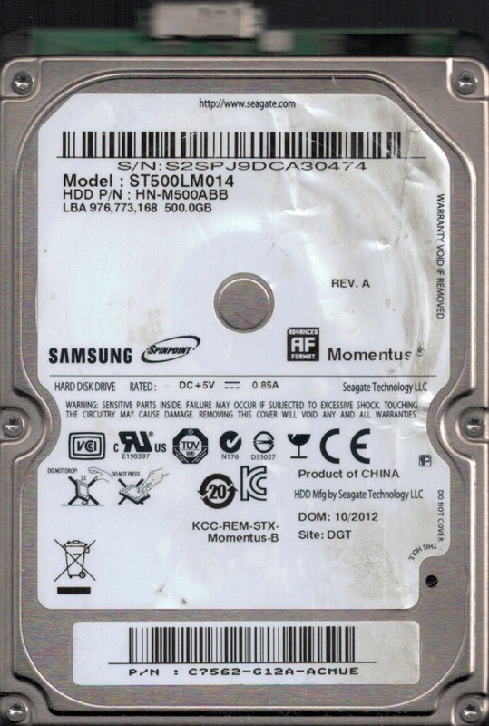 Samsung ST500LM014 HN-M500ABB P/N: C7562-G12A-ACMUE 500GB