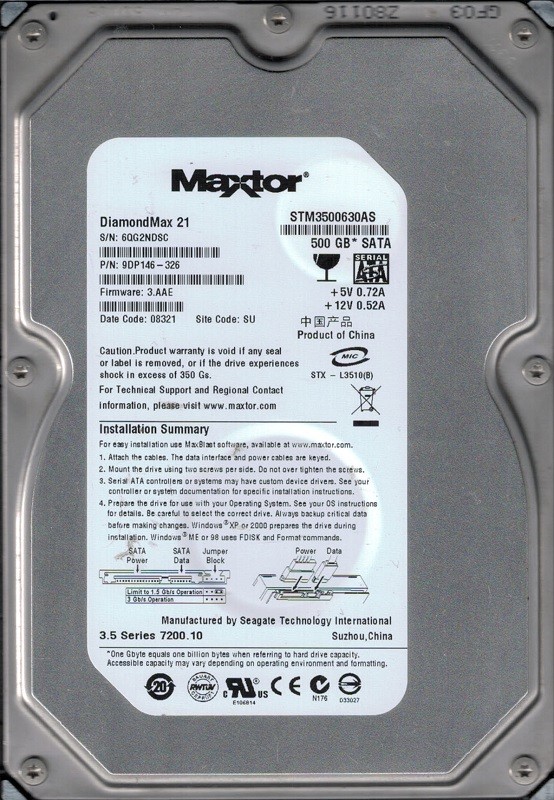 Maxtor STM3500630AS P/N: 9DP146-326 F/W: 3.AAE 500GB SU 6QG Seagate
