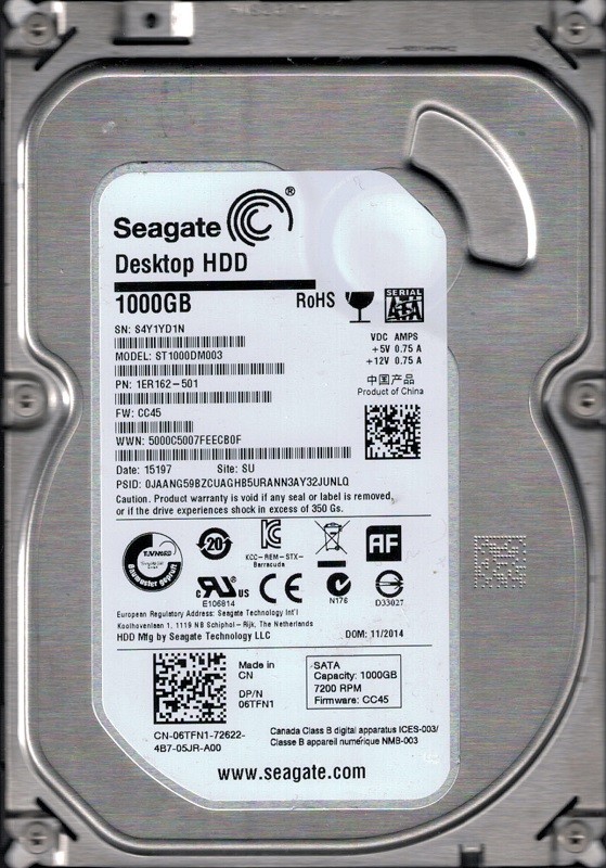 ST1000DM003 P/N: 1ER162-501 F/W: CC45 Seagate 1TB SU