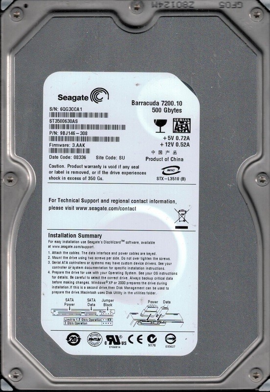 ST3500630AS P/N: 9BJ146-308 F/W: 3.AAK 500GB SU 6QG Seagate Barracuda