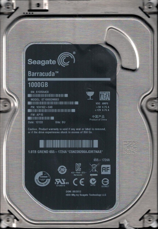 Seagate ST1000DM003 P/N: 1CH162-040 F/W: AP15 SU S1D APPLE 655-1724A