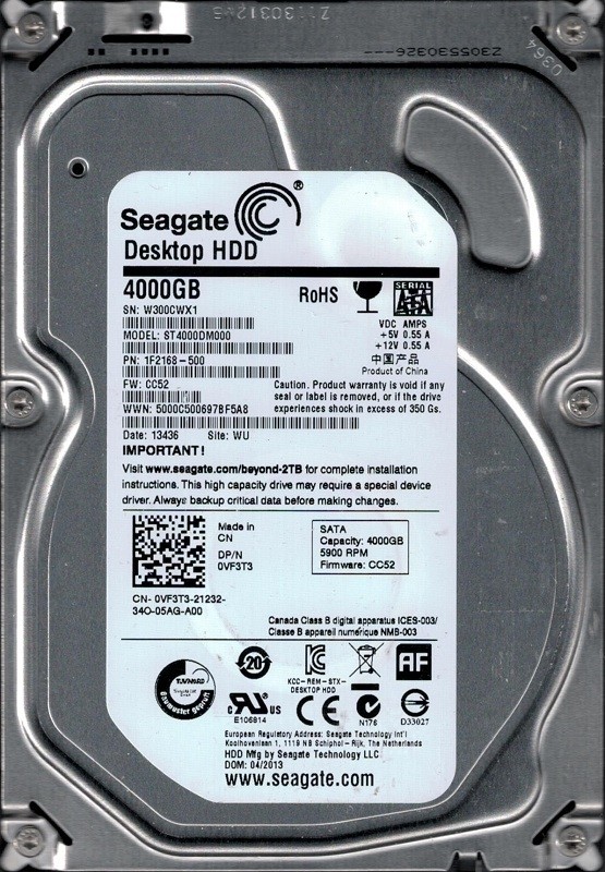 Seagate ST4000DM000 P/N: 1F2168-500 F/W: CC52 WU W30 4TB