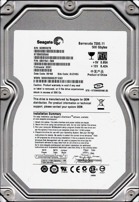 Seagate ST3500320AS P/N: 9BX154-568 F/W: SD81 500GB SUZHSG 6QM