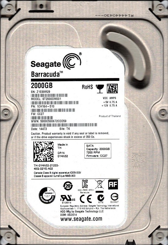 ST2000DM001 P/N: 1CH164-510 F/W: CC27 TK Z1E Seagate Barracuda 2TB