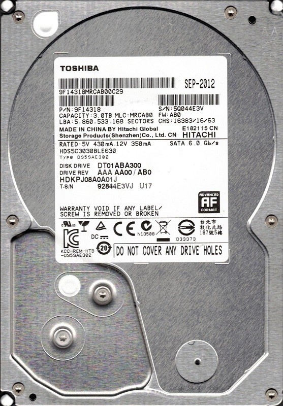 DT01ABA300 AAA AA00/AB0 HDS5C3030BLE630 P/N: 9F14318 MLC: MRCAB0 Toshiba 2TB