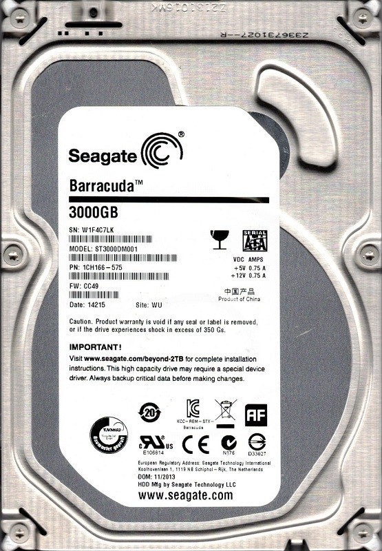 Seagate ST3000DM001 F/W: CC49 P/N: 1CH166-575 3TB WU W1F