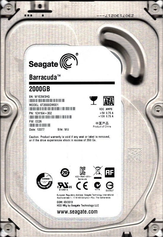 ST2000DM001 F/W: CC26 P/N: 1CH164-302 WU W1E3 Seagate 2TB