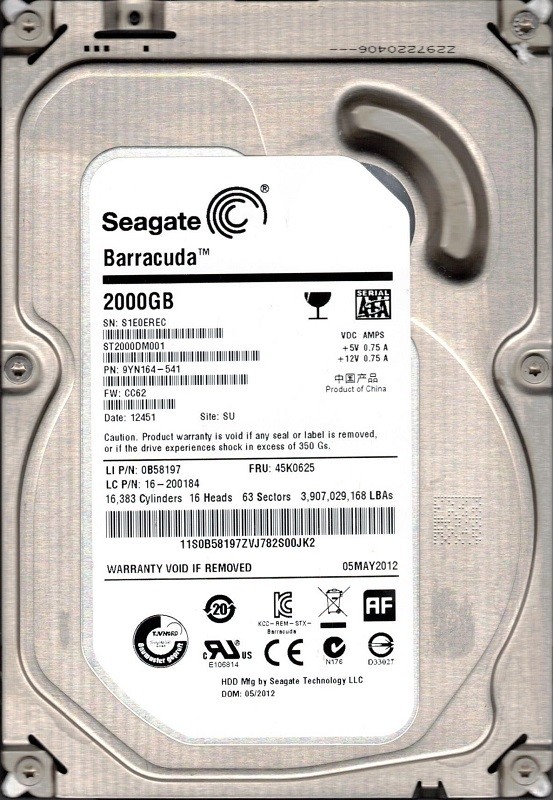 ST2000DM001 P/N: 9YN164-541 F/W: CC62 SU S1E Seagate 2TB