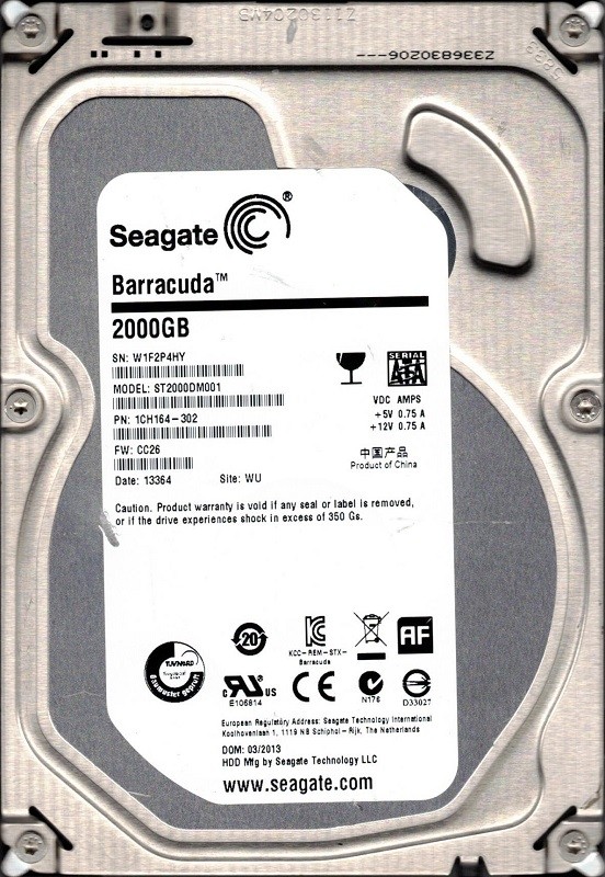 ST2000DM001 F/W: CC26 P/N: 1CH164-302 WU W1F Seagate Barracuda 2TB