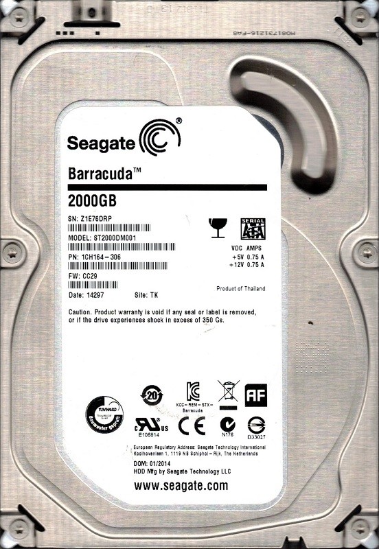 ST2000DM001 P/N: 1CH164-306 F/W: CC29 TK Z1E Seagate Barracuda 2TB