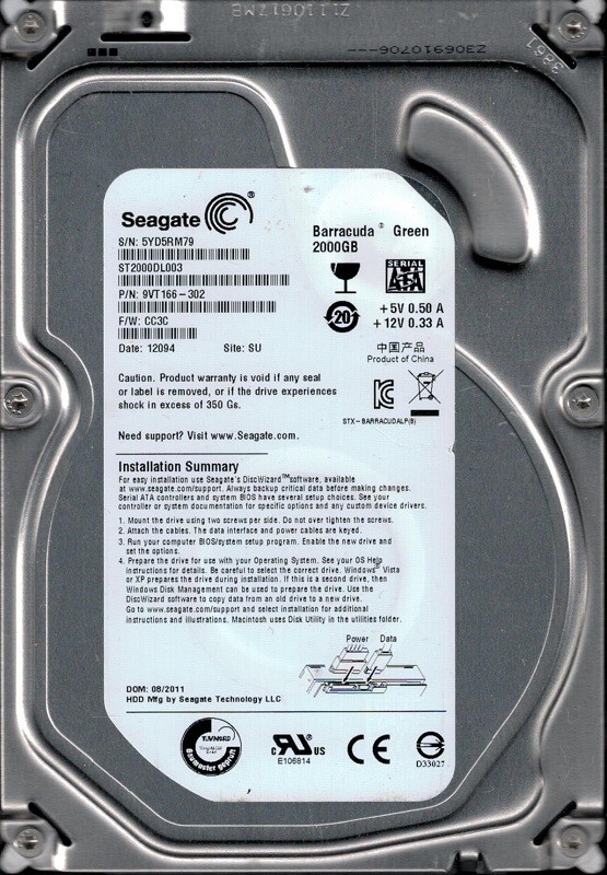 Seagate ST2000DL003 P/N: 9VT166-302 F/W: CC3C 2TB SU 5YD