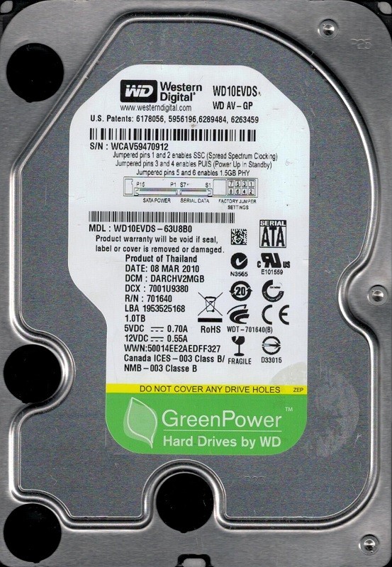 Western Digital WD10EVDS-63U8B0 1TB DCM: DARCHV2MGB