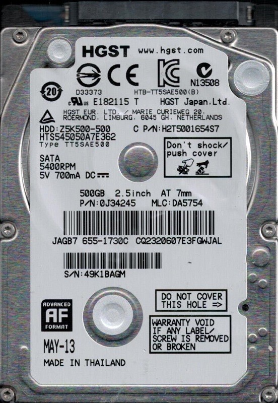 HGST HTS545050A7E362 P/N: 0J34245 MLC: DA5754 MAC 655-1730C 500GB