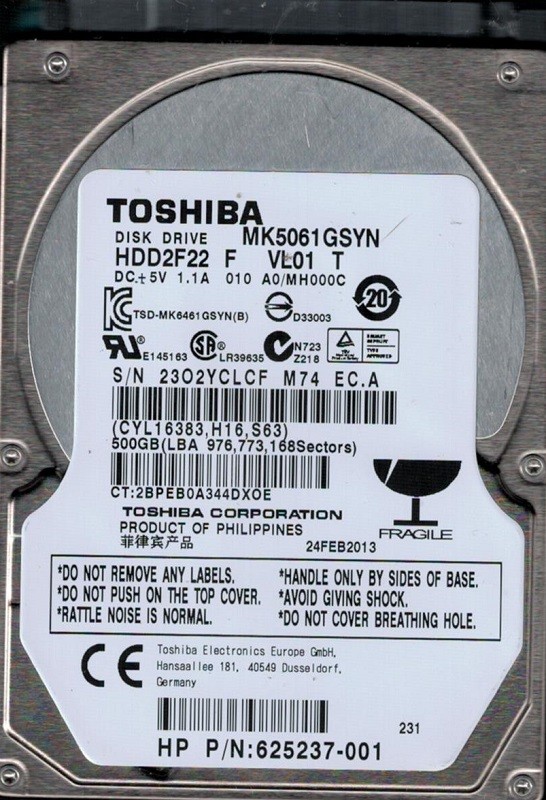 MK5061GSYN HDD2F22 F VL01 T F/W: A0/MH000C Philippines 500GB Toshiba