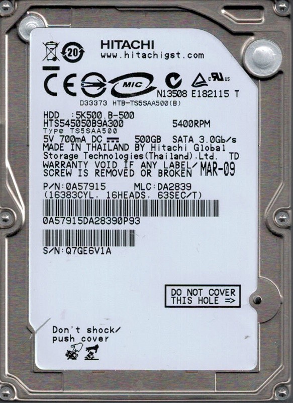 Hitachi HTS545050B9A300 MLC: DA2839 P/N: 0A57915 500GB
