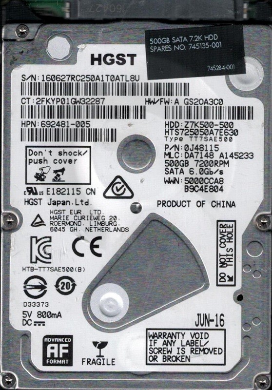 HTS725050A7E630 P/N: 0J48115 MLC: DA7148 China HGST 500GB