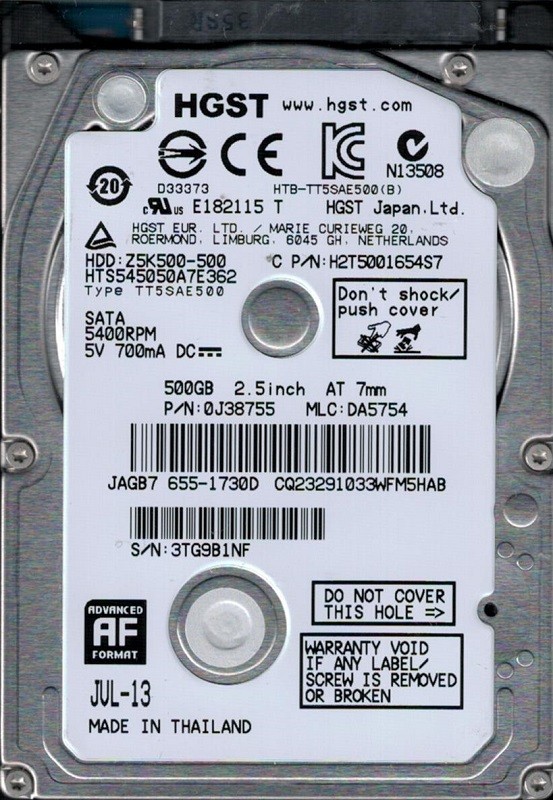 HTS545050A7E362 P/N: 0J38755 MLC: DA5754 MAC 655-1730D Thailand HGST 500GB