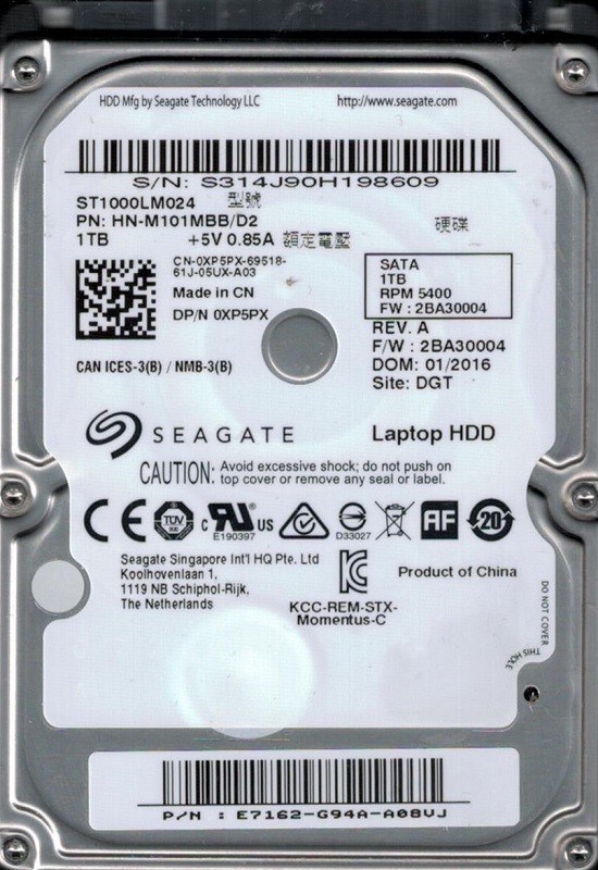ST1000LM024 P/N: HN-M101MBB/D2 F/W: 2BA30004 DGT Seagate 1TB