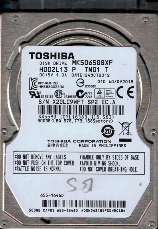 Toshiba MK5065GSXF HDD2L13 P TM01 T F/W: A0/GV201B MAC 655-1646D 500GB