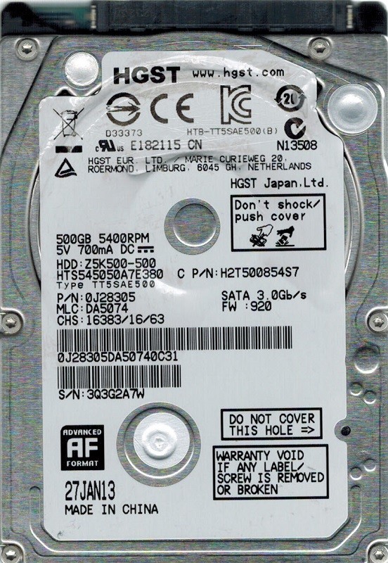 Hitachi HTS545050A7E380 P/N: 0J28305 MLC: DA5074 500GB