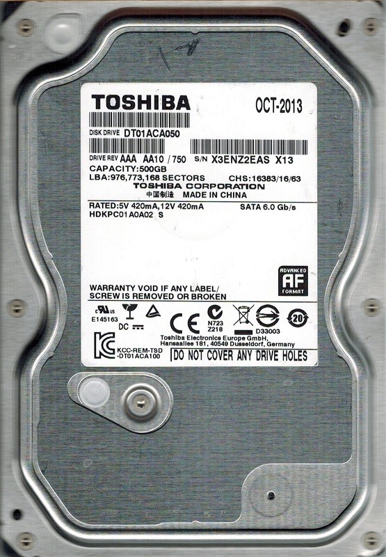 Toshiba DT01ACA050 AAA AA10/750 500GB