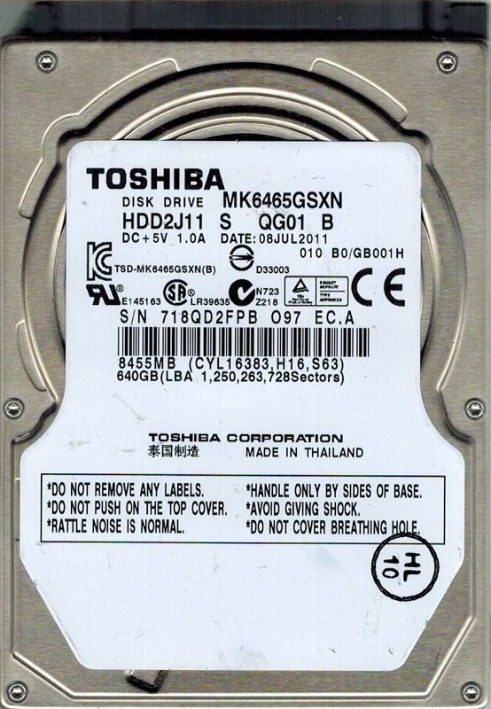 Toshiba MK6465GSXN HDD2J11 S QG01 B 640GB THAILAND