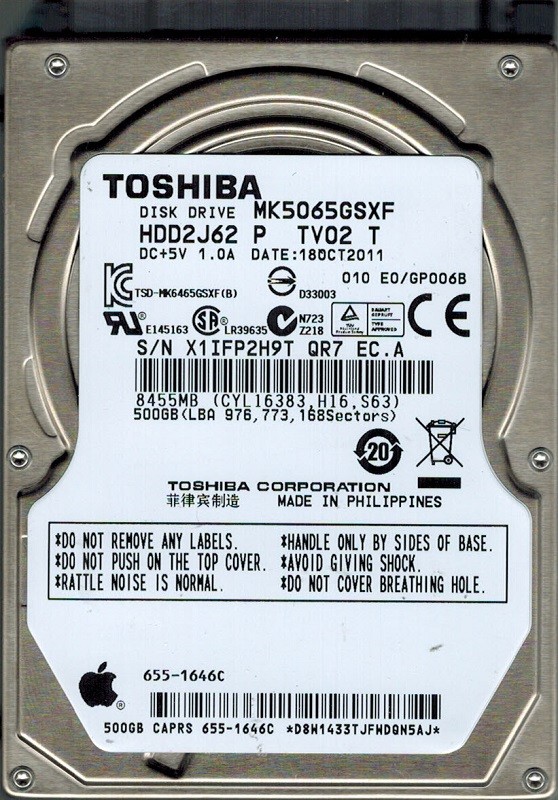 Toshiba MK5065GSXF HDD2J62 P TV02 T PHILIPPINES MAC 655-1646C
