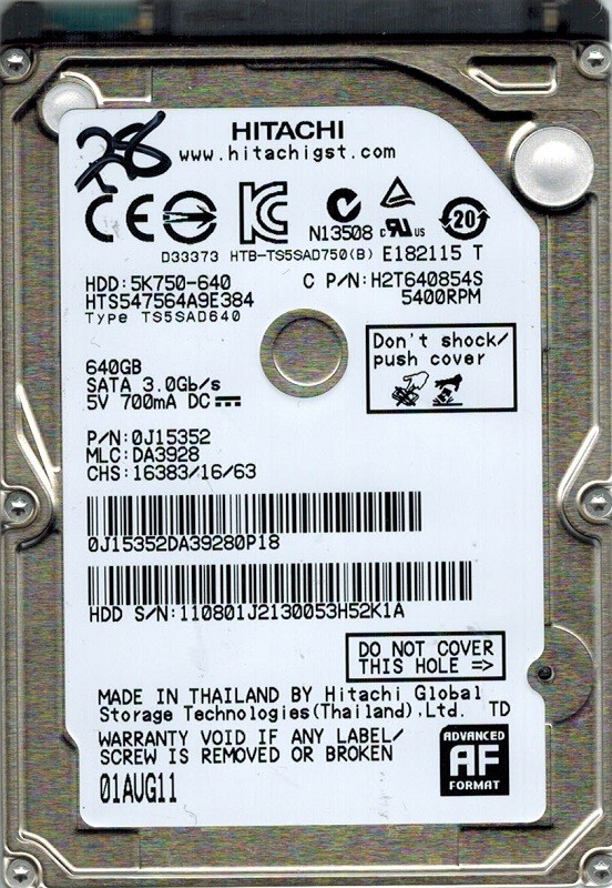 Hitachi HTS547564A9E384 MLC: DA3928 P/N: 0J15352 640GB