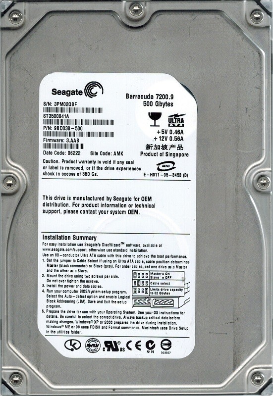 Seagate ST3500841A P/N: 9BD038-500 F/W: 3.AAB AMK 500GB