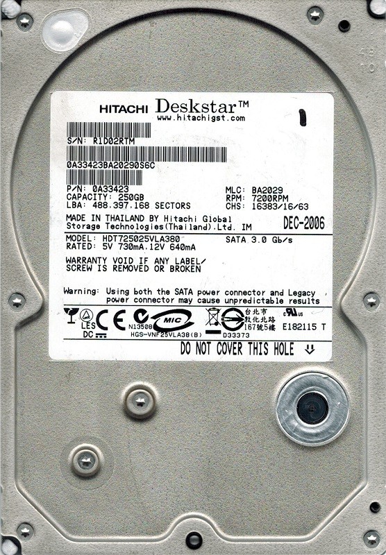 Hitachi HDT725025VLA380 P/N: 0A33423 MLC: BA2029 250GB