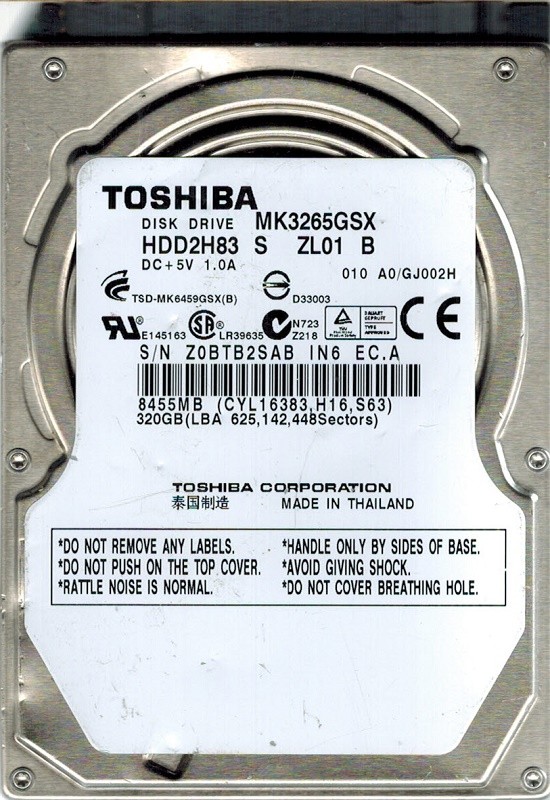 Toshiba MK3265GSX 320GB HDD2H83 S ZL01 B A0/GJ002H