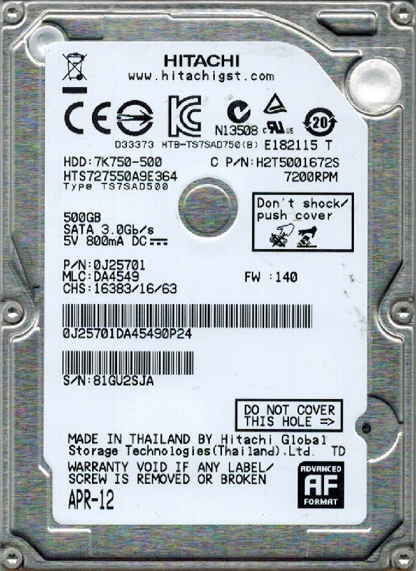 Hitachi HTS727550A9E364 P/N: 0J25701 MLC: DA4549 500GB