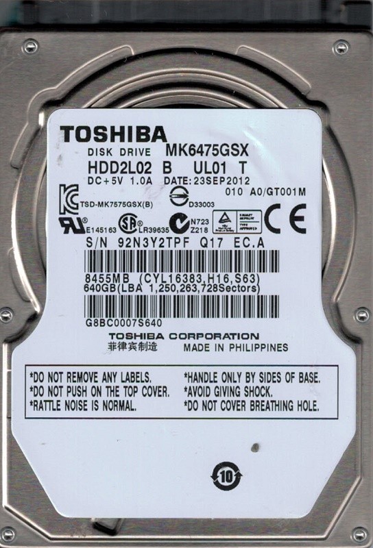 Toshiba MK6475GSX HDD2L02 B UL01 T  640GB PHILIPPINES