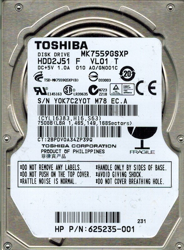 Toshiba MK7559GSXP 750GB HDD2J51 F VL01 T PHILIPPINNES