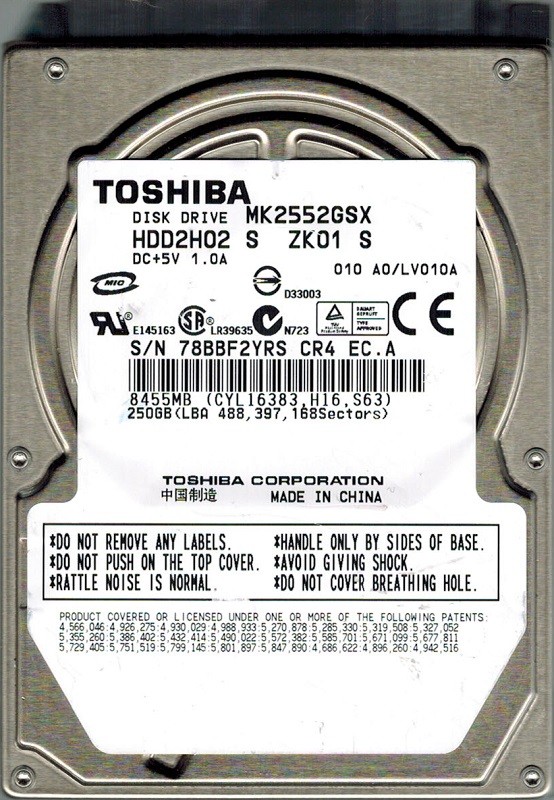 Toshiba MK2552GSX 250GB HDD2H02 S ZK01 S A0/LV010A
