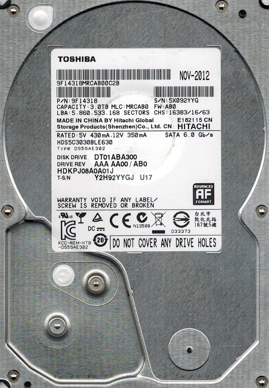 Toshiba HDS5C3030BLE630 P/N: 9F14318 MLC: MRCAB0 3TB DT01ABA300