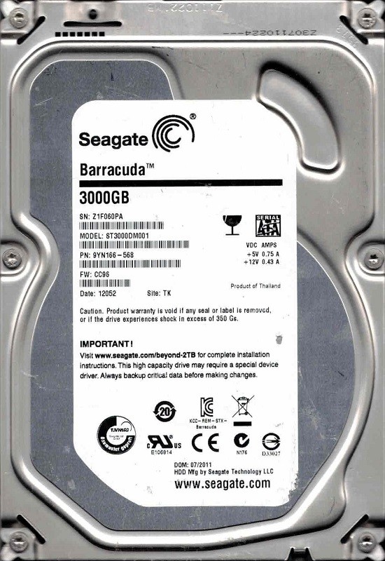 ST3000DM001 P/N: 9YN166-568 F/W: CC96 TK Z1F0 07/2011 Seagate 3TB