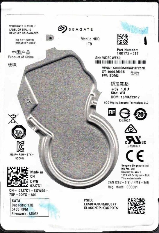 ST1000LM035 P/N: 1RK172-036 F/W: SDM2 WU WDEC Seagate 1TB Mobile HDD