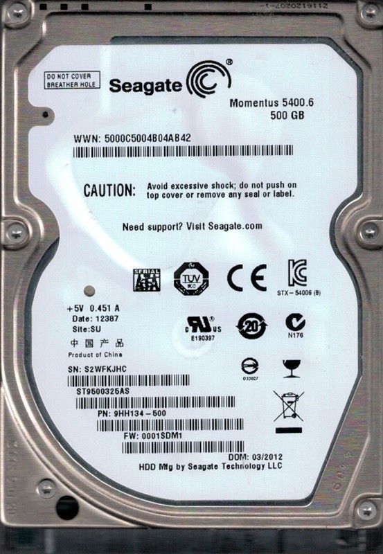 Seagate ST9500325AS P/N: 9HH134-500 F/W: 0001SDM1 SU S2W 500GB