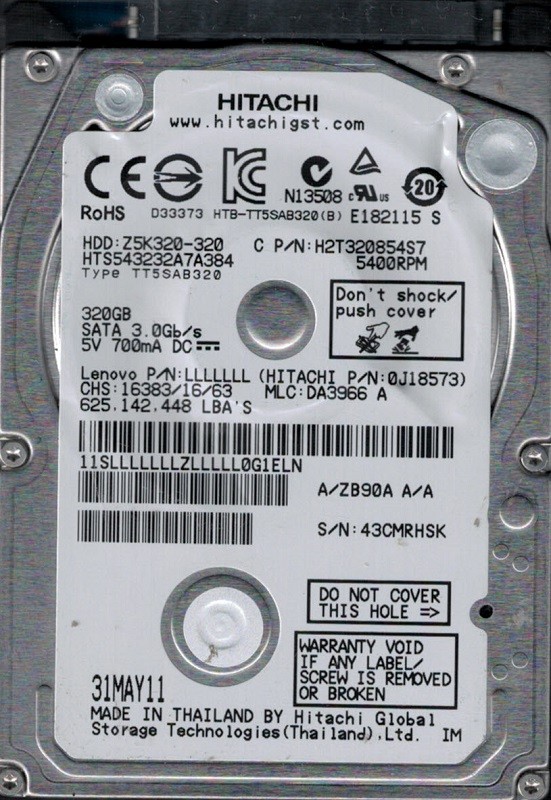 Hitachi HTS543232A7A384 P/N: 0J18573 MLC: DA3966 320GB