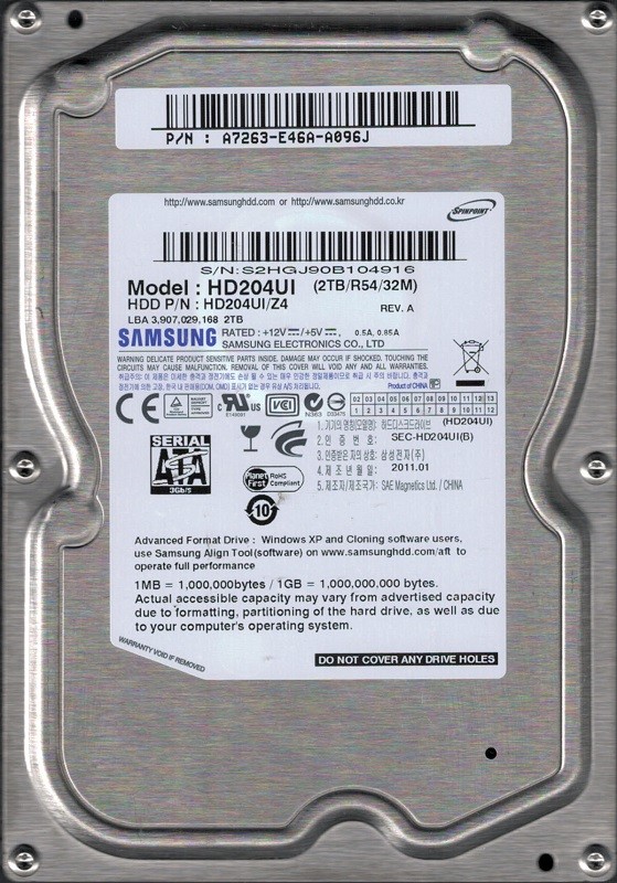 Samsung HD204UI/Z4 HDD P/N: A7263-E46A-A096J 2TB