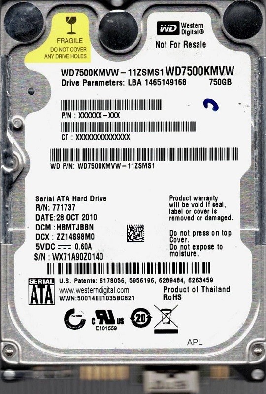 Western Digital WD7500KMVW-11ZSMS1 750GB DCM: HBMTJBBN USB 3.0