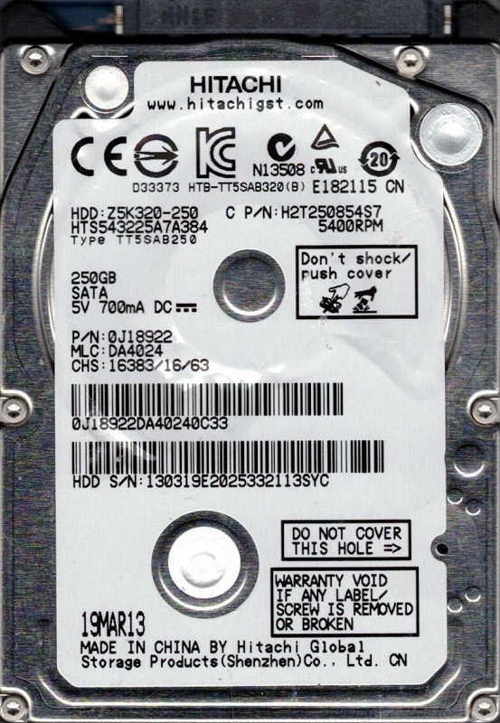 Hitachi HTS543225A7A384 P/N: 0J18922 MLC: DA4024 250GB